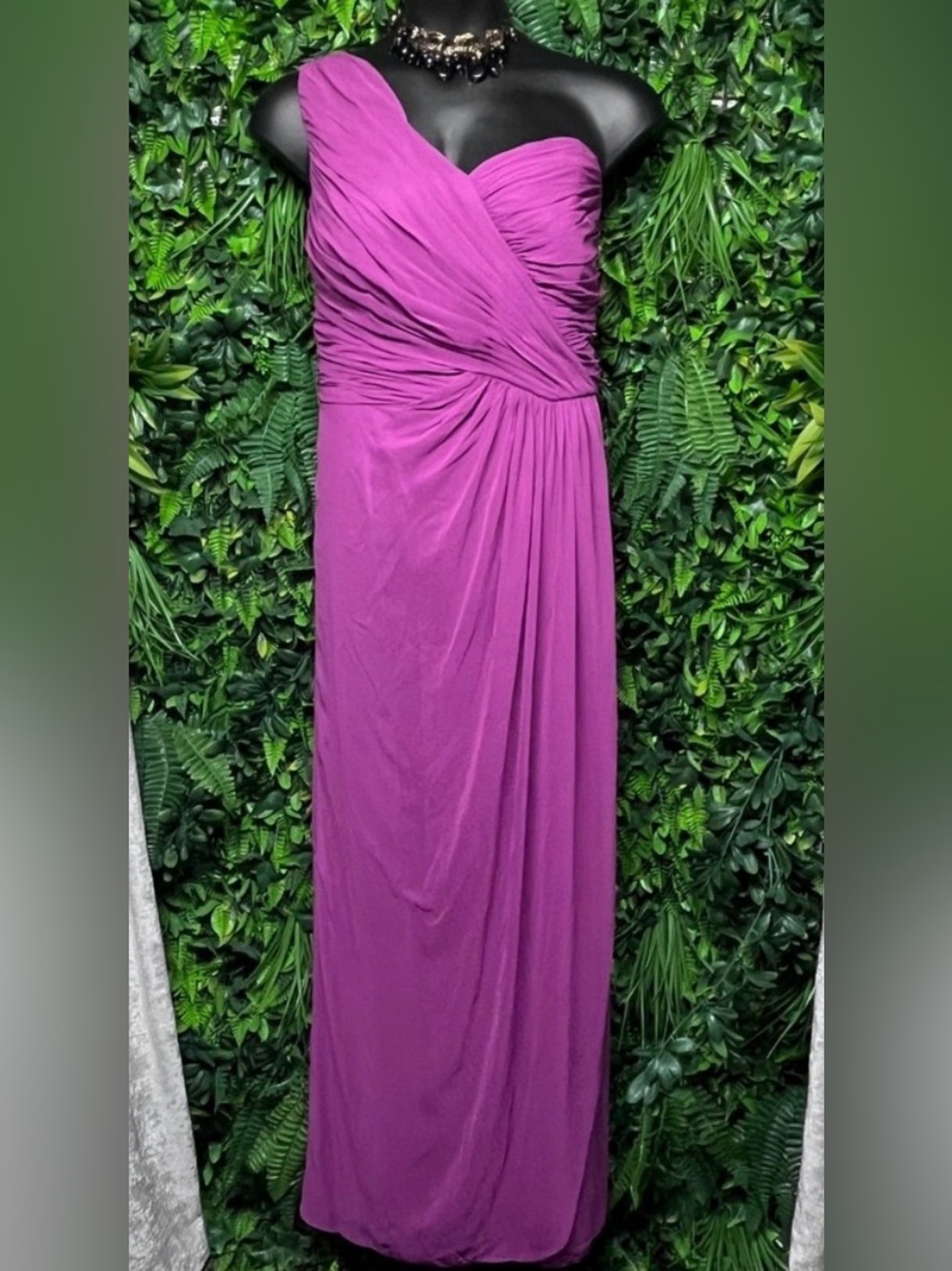 Dessy Collection One-Shoulder Magenta Ruched Maxi Dress